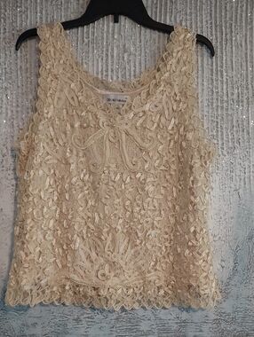 S.M. Collection Vintage Beaded Lace Cream Sleeveless Top Sz-L
